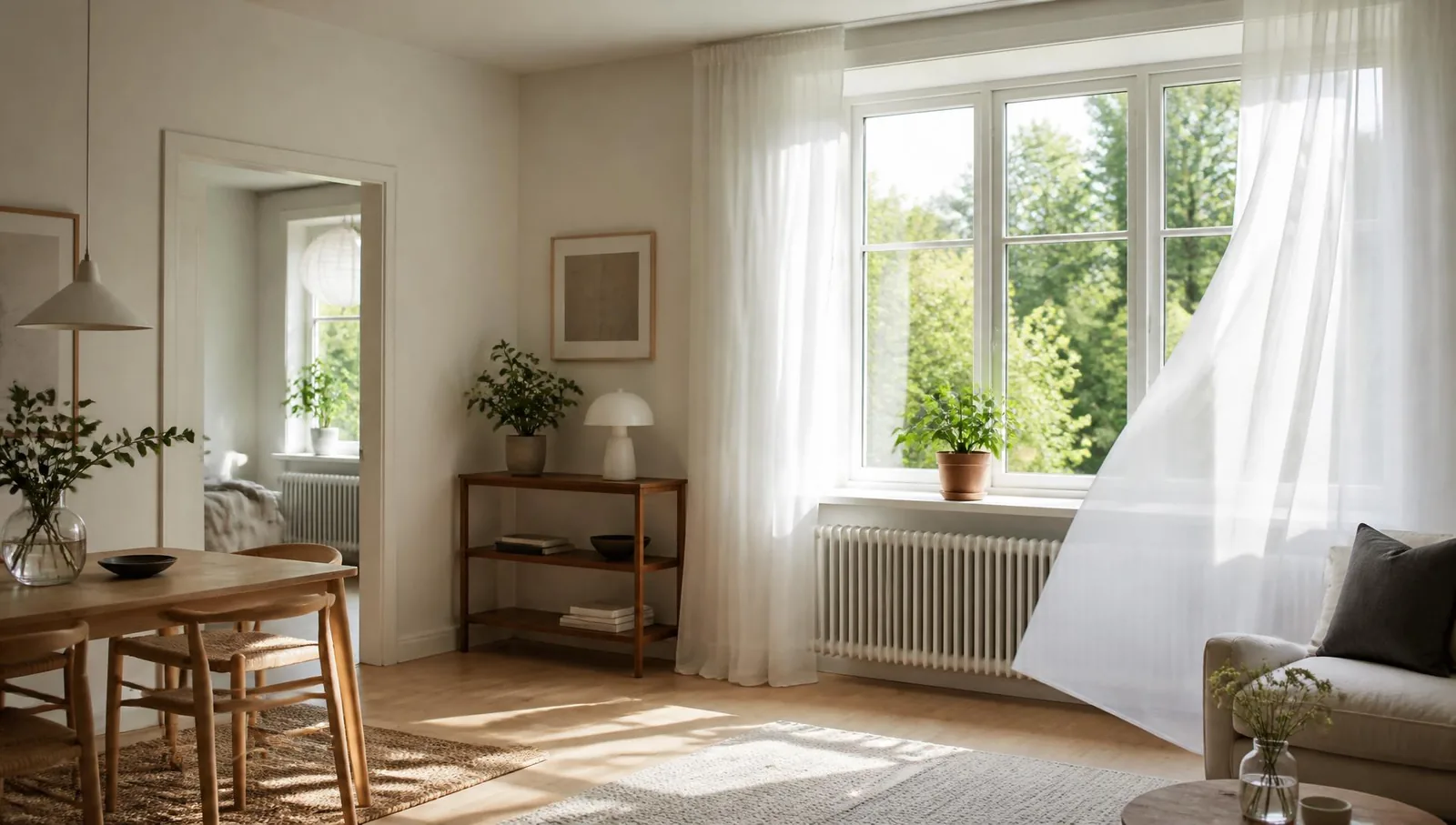 Ljust skandinaviskt hem med stort fönster och mjukt dagsljus